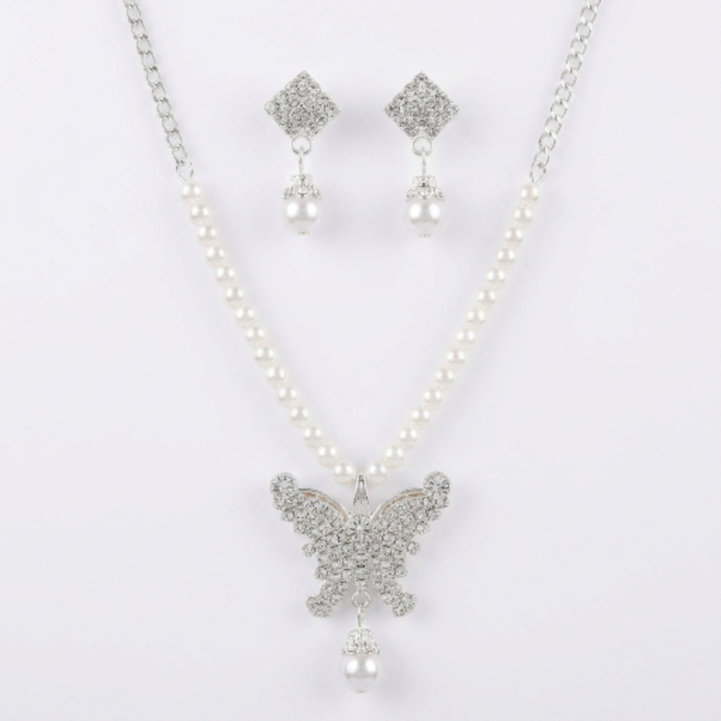 Butterfly Jewellery Set for Women, Crystal Rhinestone Butterfly Necklace and Dangle Pearl Earrings, Silver Tone Bridal Jewellery Set, Fashion Accessories for Prom, Anniversary, or Birthday Gift