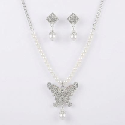 Butterfly Jewellery Set for Women, Crystal Rhinestone Butterfly Necklace and Dangle Pearl Earrings, Silver Tone Bridal Jewellery Set, Fashion Accessories for Prom, Anniversary, or Birthday Gift