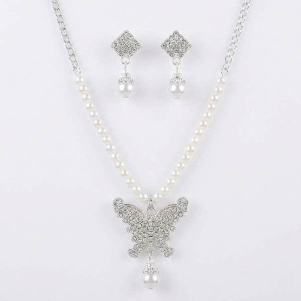 Butterfly Jewellery Set for Women, Crystal Rhinestone Butterfly Necklace and Dangle Pearl Earrings, Silver Tone Bridal Jewellery Set, Fashion Accessories for Prom, Anniversary, or Birthday Gift