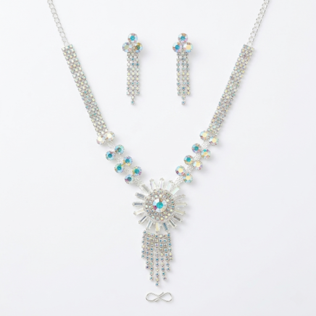 Women’s Aurora Borealis Crystal Bridal Jewellery Set - Silver-Tone Rhinestone Fringe Statement Necklace and Dangle Drop Earrings for Weddings, Prom, and Formal Galas