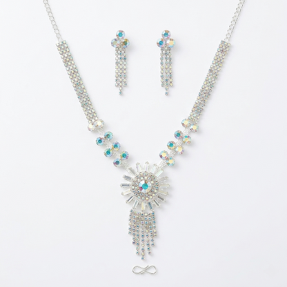 Women’s Aurora Borealis Crystal Bridal Jewellery Set - Silver-Tone Rhinestone Fringe Statement Necklace and Dangle Drop Earrings for Weddings, Prom, and Formal Galas
