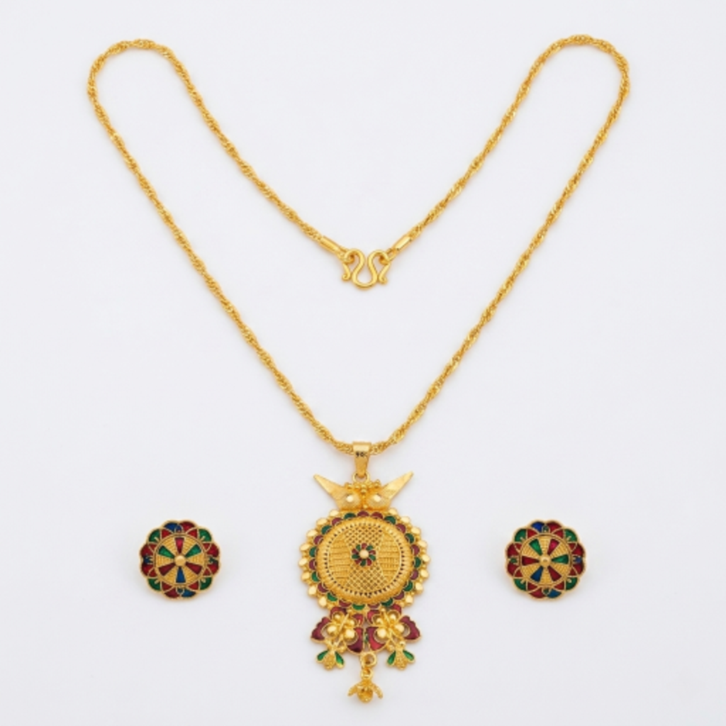 Traditional Gold-Plated Meenakari Pendant Necklace Set with Matching Stud Earrings for Women | Ethnic Floral Design Jewellery for Weddings and Festivals