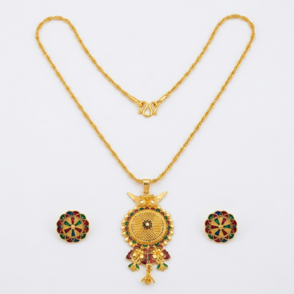 Traditional Gold-Plated Meenakari Pendant Necklace Set with Matching Stud Earrings for Women | Ethnic Floral Design Jewellery for Weddings and Festivals