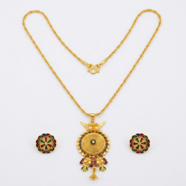 Traditional Gold-Plated Meenakari Pendant Necklace Set with Matching Stud Earrings for Women | Ethnic Floral Design Jewellery for Weddings and Festivals