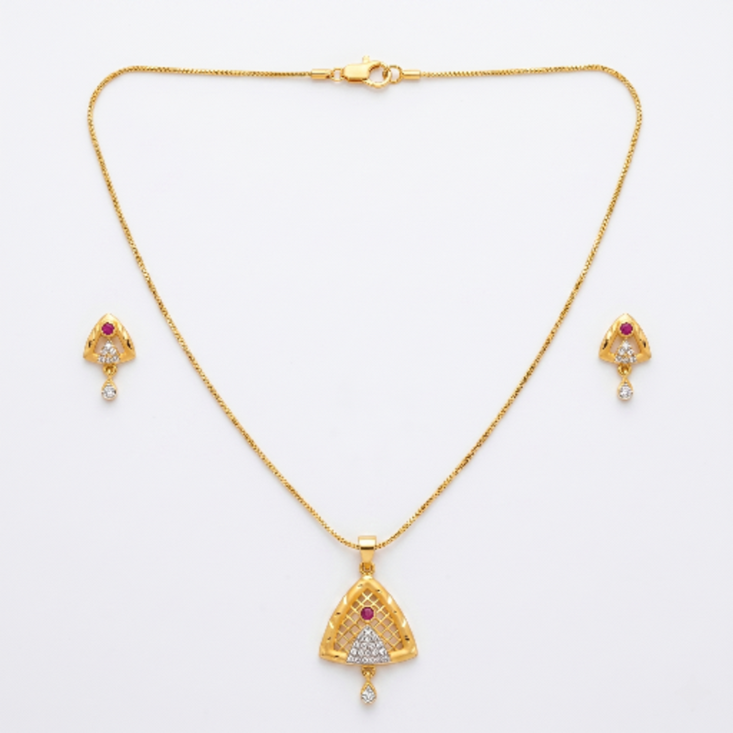 Premium Gold-Plated Triangular Pendant Necklace and Earrings Set for Women - Ethnic Traditional Jewellery with Ruby Red Stones and Cubic Zirconia Accents