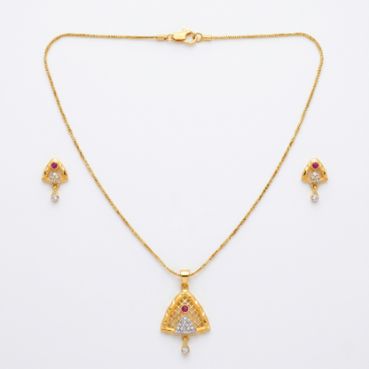 Premium Gold-Plated Triangular Pendant Necklace and Earrings Set for Women - Ethnic Traditional Jewellery with Ruby Red Stones and Cubic Zirconia Accents