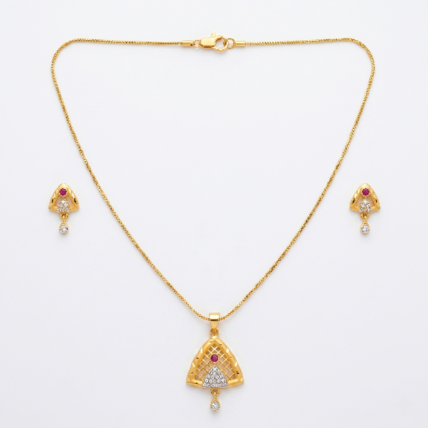Premium Gold-Plated Triangular Pendant Necklace and Earrings Set for Women - Ethnic Traditional Jewellery with Ruby Red Stones and Cubic Zirconia Accents