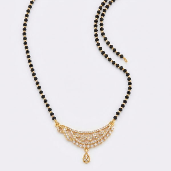 Gold Plated American Diamond Mangalsutra for Women | Elegant Curved CZ Pendant with Single Line Black Bead Chain | Traditional Indian Wedding Jewellery