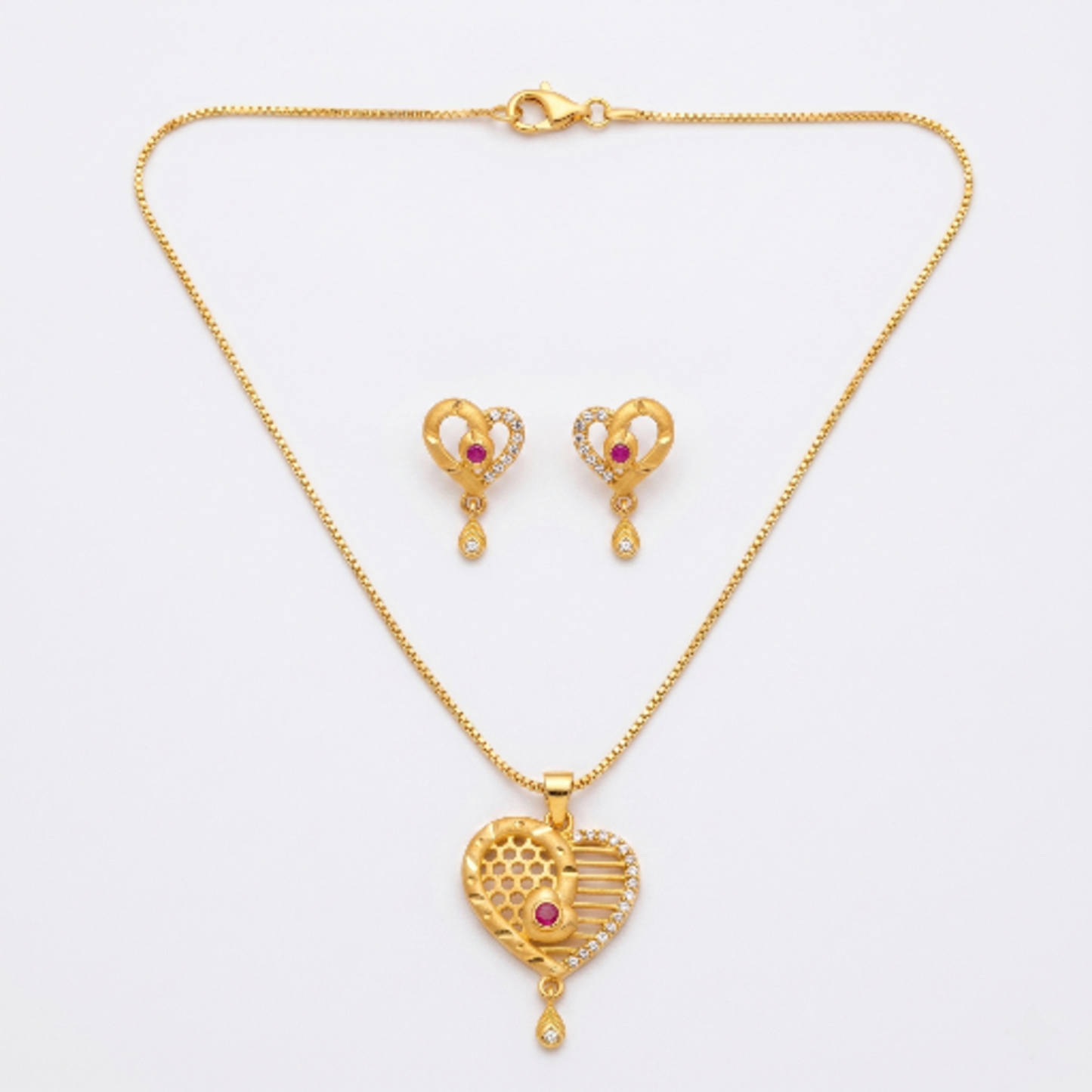 Gold Plated Heart Pendant Necklace with Earrings Set for Women - Ruby Red Stone Studded Traditional Jewellery Set - Adjustable Chain & Heart Drop Earrings for Weddings & Gifting
