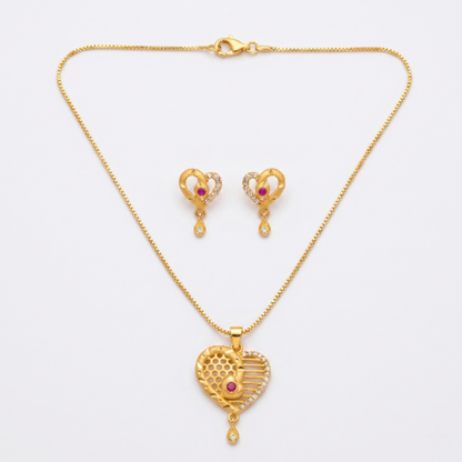 Gold Plated Heart Pendant Necklace with Earrings Set for Women - Ruby Red Stone Studded Traditional Jewellery Set - Adjustable Chain & Heart Drop Earrings for Weddings & Gifting