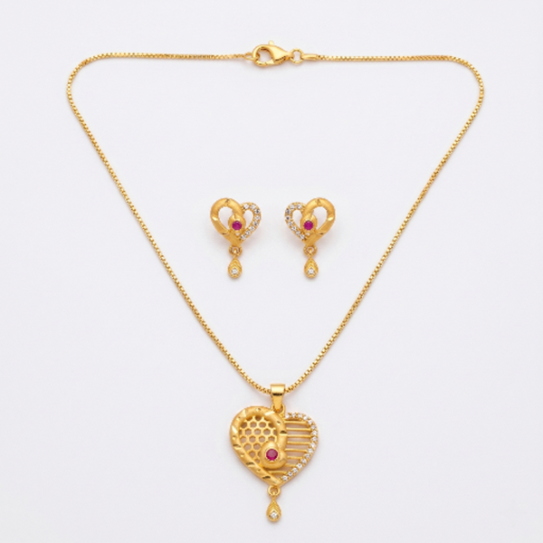 Gold Plated Heart Pendant Necklace with Earrings Set for Women - Ruby Red Stone Studded Traditional Jewellery Set - Adjustable Chain & Heart Drop Earrings for Weddings & Gifting