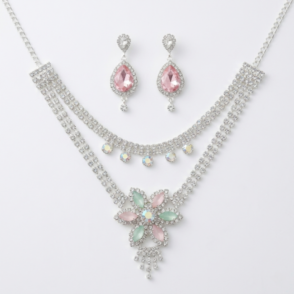 Elegant Floral Crystal Choker Necklace and Earring Set for Women | Silver-Plated Rhinestone Jewellery with Pink and Green Stones | Wedding, Party, and Bridal Wear Accessories