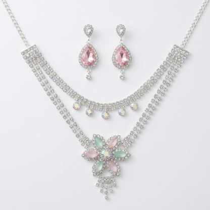 Elegant Floral Crystal Choker Necklace and Earring Set for Women | Silver-Plated Rhinestone Jewellery with Pink and Green Stones | Wedding, Party, and Bridal Wear Accessories