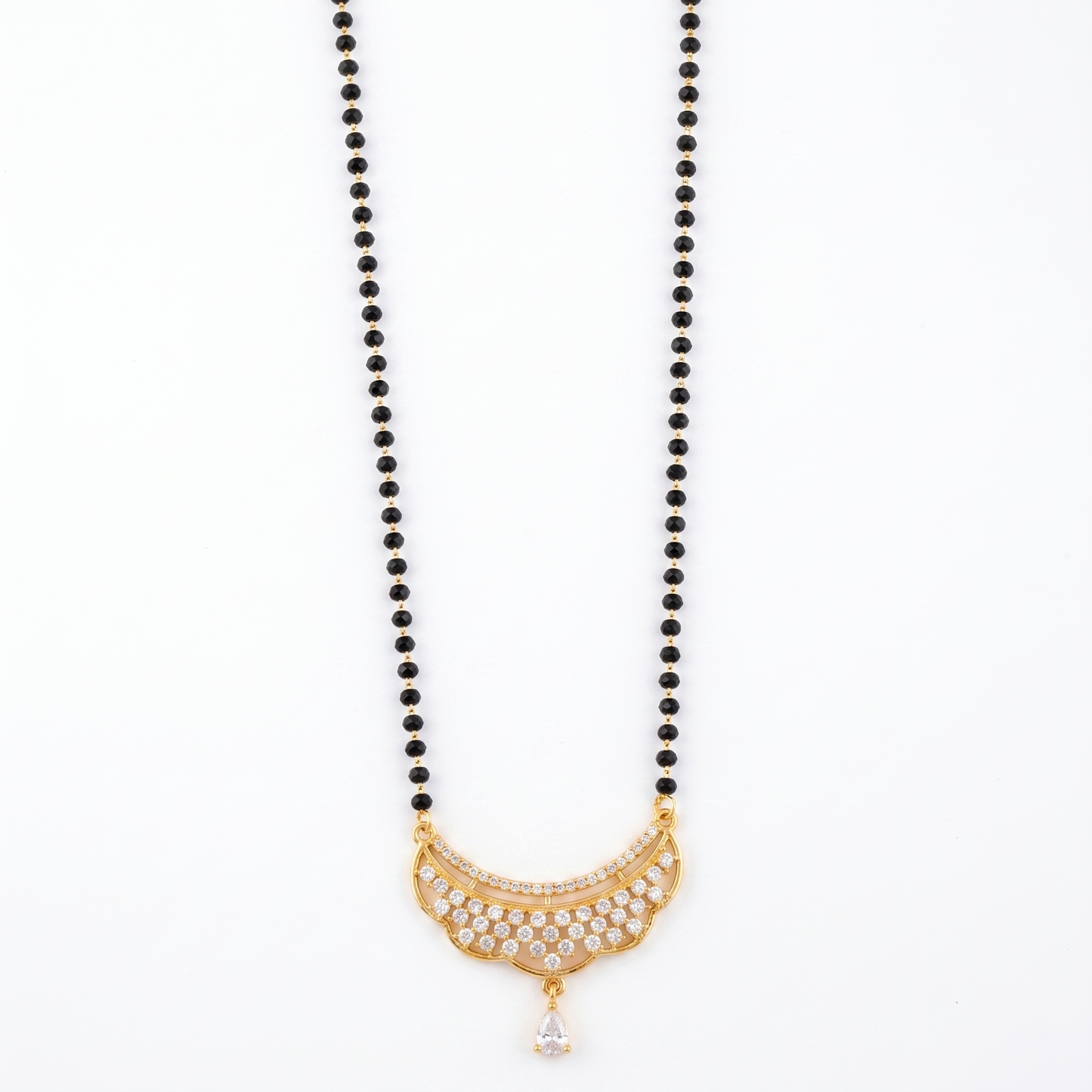 Traditional Gold Plated CZ Diamond Crescent Pendant Mangalsutra for Women | Single Line Black Beads Tanmaniya Necklace for Daily and Festive Wear