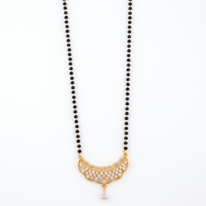 Traditional Gold Plated CZ Diamond Crescent Pendant Mangalsutra for Women | Single Line Black Beads Tanmaniya Necklace for Daily and Festive Wear