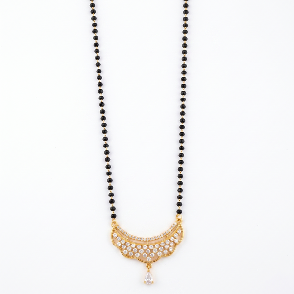 Traditional Gold Plated CZ Diamond Crescent Pendant Mangalsutra for Women | Single Line Black Beads Tanmaniya Necklace for Daily and Festive Wear