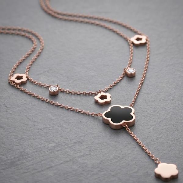 Rose Gold Plated Stainless Steel Double Layer Necklace with Black Enamel Clover and Floral Charms, Adjustable Two-Tone Lariat Pendant Chain, Trendy Korean Fashion Jewellery for Women and Girls