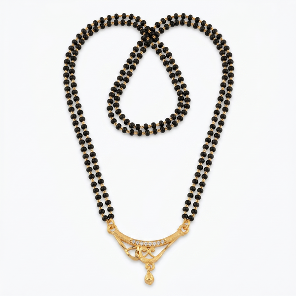Traditional Gold Plated Double Layer Mangalsutra for Women | Cz Diamond Studded Pendant Short Tanmaniya Mangalsutra Necklace | Black Beads Daily Wear Jewellery for Women