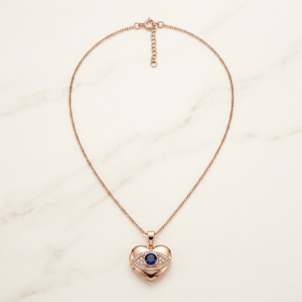 Rose Gold Plated Heart Locket Necklace for Women, Evil Eye Pendant with Sparkling Zircon Stones, Elegant Fashion Jewellery Gift for Girls