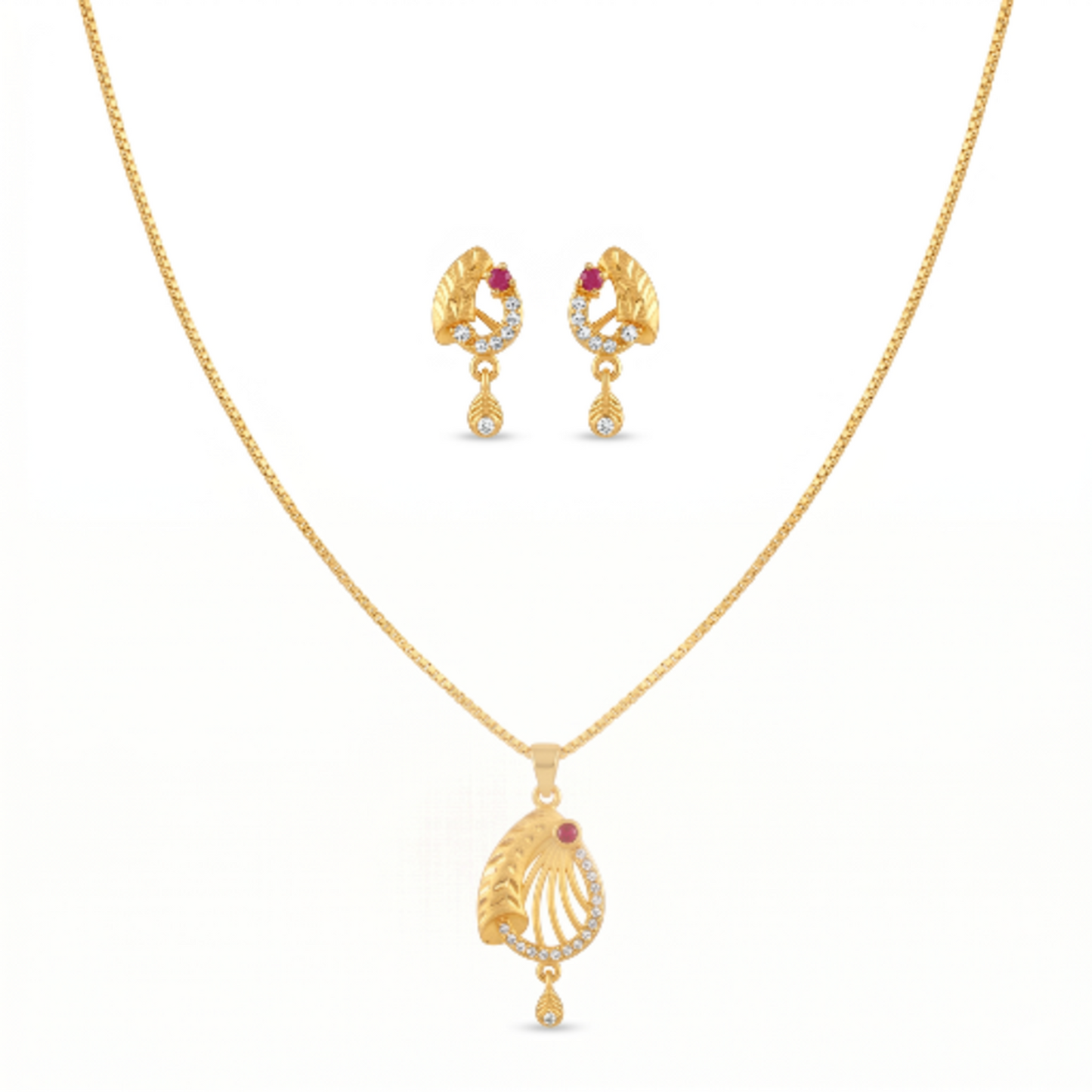 Gold Plated Necklace and Earrings Set for Women - Ethnic Pendant with Red Ruby Stone and Cubic Zirconia Accents - Traditional Jewellery Set for Weddings, Parties, and Festive Occasions