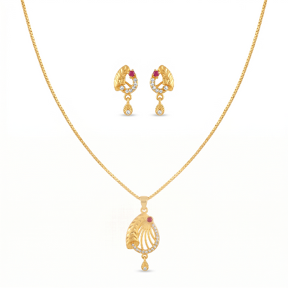 Gold Plated Necklace and Earrings Set for Women - Ethnic Pendant with Red Ruby Stone and Cubic Zirconia Accents - Traditional Jewellery Set for Weddings, Parties, and Festive Occasions
