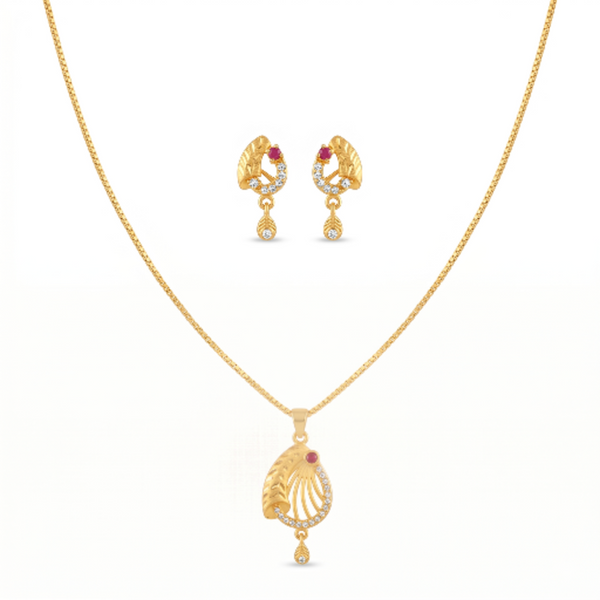 Gold Plated Necklace and Earrings Set for Women - Ethnic Pendant with Red Ruby Stone and Cubic Zirconia Accents - Traditional Jewellery Set for Weddings, Parties, and Festive Occasions