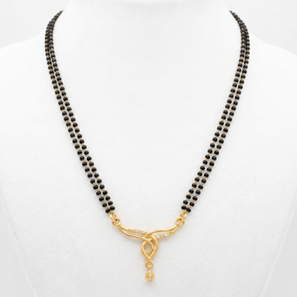 Gold Plated Double Line Mangalsutra Necklace for Women, Traditional Black Beaded Chain with CZ Diamond Pendant Indian Bridal Jewellery