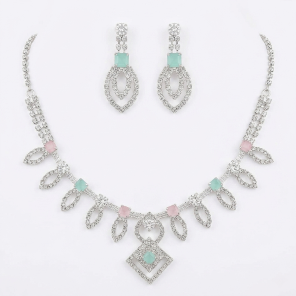 Elegant Rhodium-Plated Kundan Necklace Set with Mint Green & Blush Pink Stones – Floral Choker Jewellery with Matching Drop Earrings for Women and Girls – Perfect for Weddings, Parties, and Festive Wear
