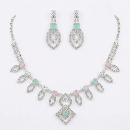 Elegant Rhodium-Plated Kundan Necklace Set with Mint Green & Blush Pink Stones – Floral Choker Jewellery with Matching Drop Earrings for Women and Girls – Perfect for Weddings, Parties, and Festive Wear