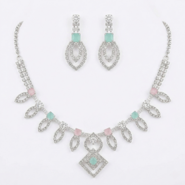 Elegant Rhodium-Plated Kundan Necklace Set with Mint Green & Blush Pink Stones – Floral Choker Jewellery with Matching Drop Earrings for Women and Girls – Perfect for Weddings, Parties, and Festive Wear