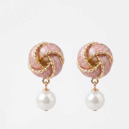 Pink Rose Gold Pearl Knot Stud Earrings For Women