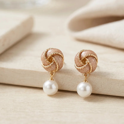 Pink Rose Gold Pearl Knot Stud Earrings For Women