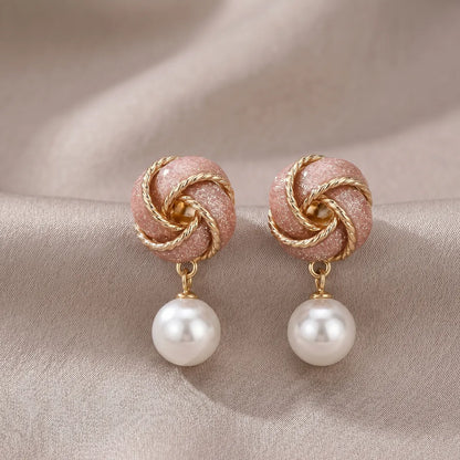 Pink Rose Gold Pearl Knot Stud Earrings For Women