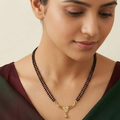 Gold Plated Double Layered Mangalsutra for Women | Traditional Black Seed Beads Chain with CZ Studded Floral Pendant | Ethnic Wedding & Daily Wear Jewellery
