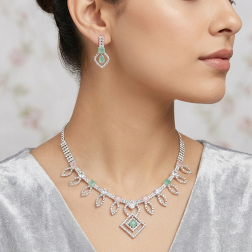Elegant Rhodium-Plated Kundan Necklace Set with Mint Green & Blush Pink Stones – Floral Choker Jewellery with Matching Drop Earrings for Women and Girls – Perfect for Weddings, Parties, and Festive Wear