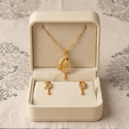 Gold Plated Necklace and Earrings Set for Women - Ethnic Pendant with Red Ruby Stone and Cubic Zirconia Accents - Traditional Jewellery Set for Weddings, Parties, and Festive Occasions