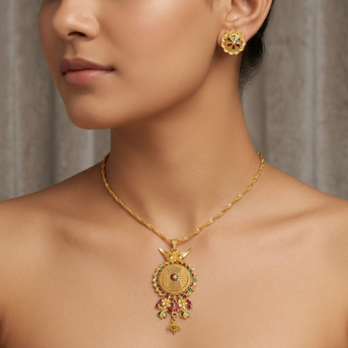 Traditional Gold-Plated Meenakari Pendant Necklace Set with Matching Stud Earrings for Women | Ethnic Floral Design Jewellery for Weddings and Festivals