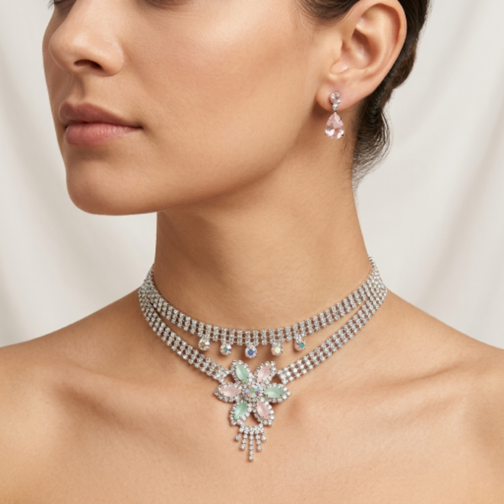 Elegant Floral Crystal Choker Necklace and Earring Set for Women | Silver-Plated Rhinestone Jewellery with Pink and Green Stones | Wedding, Party, and Bridal Wear Accessories