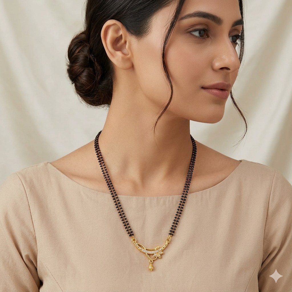 Modern Double String Gold Plated Mangalsutra for Women | Traditional Black Beaded Tanmaniya Necklace with Cubic Zirconia Floral Pendant | Ethnic Daily Wear Jewellery Gift