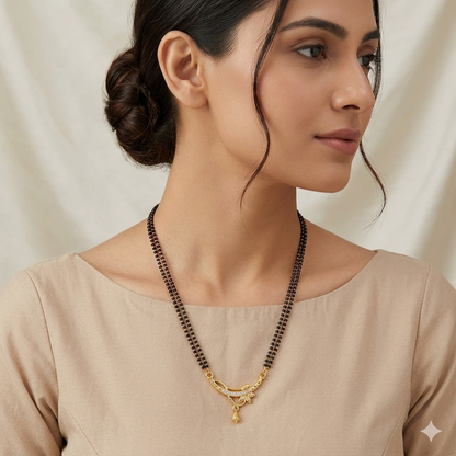 Modern Double String Gold Plated Mangalsutra for Women | Traditional Black Beaded Tanmaniya Necklace with Cubic Zirconia Floral Pendant | Ethnic Daily Wear Jewellery Gift