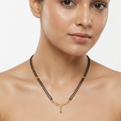 Traditional Gold Plated Dual Strand Black Beaded Mangalsutra with CZ Diamond Studded Floral Pendant for Women - Ethnic Jewellery for Weddings & Festivals
