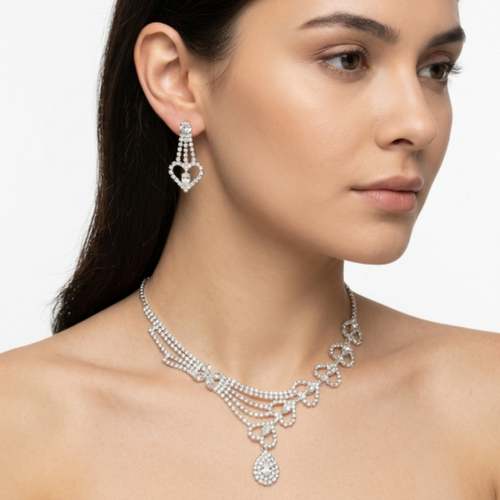 Elegant Heart Crystal Necklace and Earrings Set - Silver-Tone Rhinestone Bridal Jewellery for Weddings, Prom, and Special Occasions - Adjustable Choker with Dangle Earrings