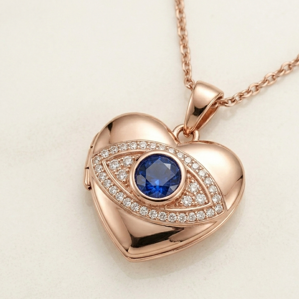 Rose Gold Plated Heart Locket Necklace for Women, Evil Eye Pendant with Sparkling Zircon Stones, Elegant Fashion Jewellery Gift for Girls