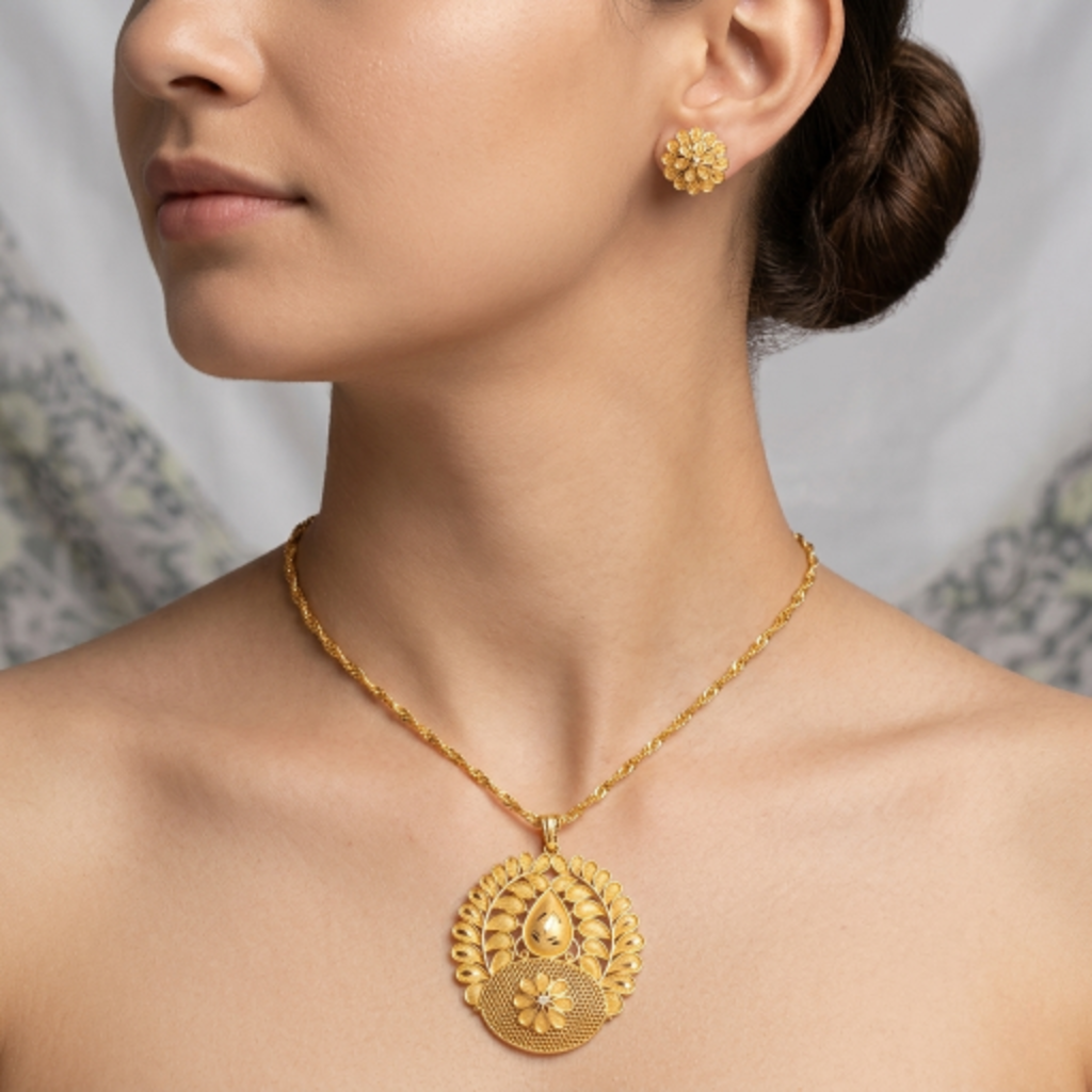 Gold-Plated Traditional Floral Filigree Pendant Necklace with Matching Stud Earrings for Women and Girls - Ethnic Jewellery Set for Wedding, Festivals, and Gifting