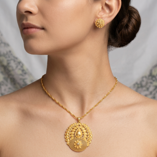 Gold-Plated Traditional Floral Filigree Pendant Necklace with Matching Stud Earrings for Women and Girls - Ethnic Jewellery Set for Wedding, Festivals, and Gifting