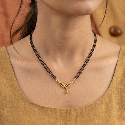 Traditional Gold Plated Double Layer Mangalsutra for Women | Cz Diamond Studded Pendant Short Tanmaniya Mangalsutra Necklace | Black Beads Daily Wear Jewellery for Women