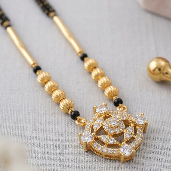 Gold Plated CZ Stone Traditional Mangalsutra for Women | Stylish New Design Black Bead Tanmaniya Necklace | Ethnic Jewellery for Daily Wear