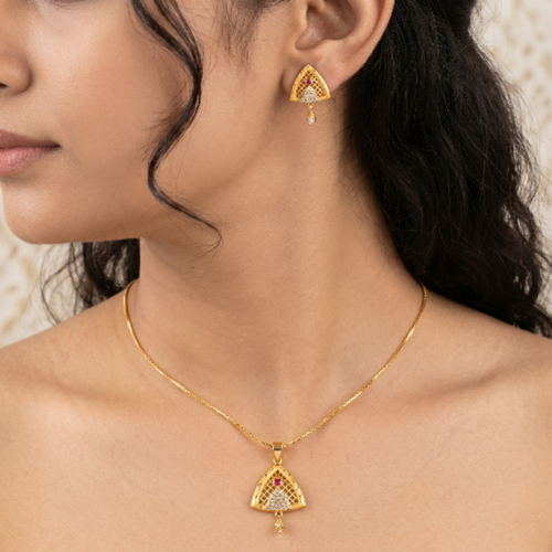 Premium Gold-Plated Triangular Pendant Necklace and Earrings Set for Women - Ethnic Traditional Jewellery with Ruby Red Stones and Cubic Zirconia Accents
