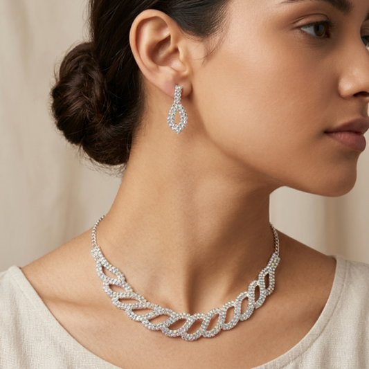 Sparkling Rhinestone Necklace and Earrings Set for Women - Silver-Tone Crystal Choker with Matching Drop Earrings - Elegant Bridal & Evening Jewellery Set for Weddings, Prom, and Parties