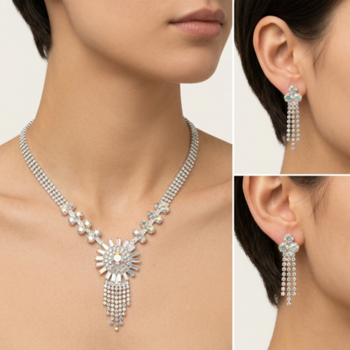 Women’s Aurora Borealis Crystal Bridal Jewellery Set - Silver-Tone Rhinestone Fringe Statement Necklace and Dangle Drop Earrings for Weddings, Prom, and Formal Galas